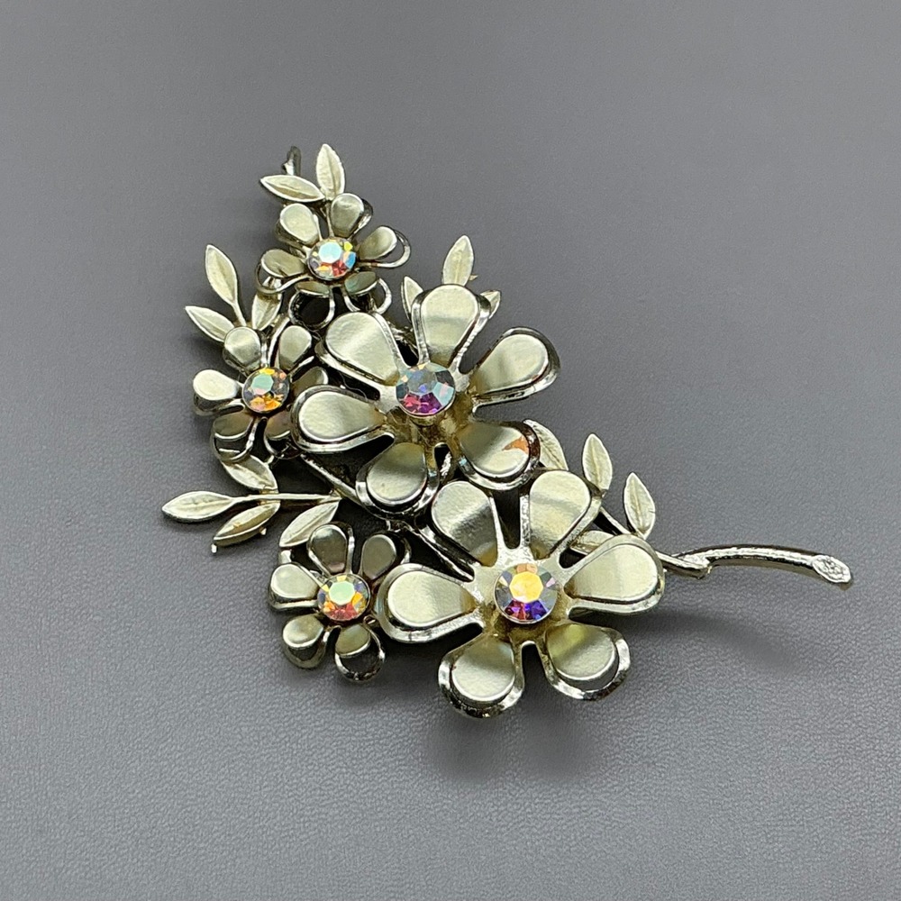 Coro Brooch Vintage Silver Tone Floral Spray Aurora Borealis Rhinestone 3.5"